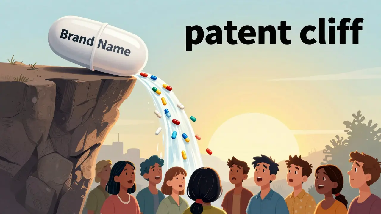 A brand-name pill falling off a patent cliff and turning into many affordable generic pills for patients.