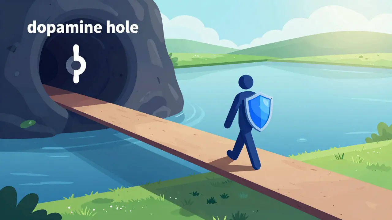 A person walking across a bridge from a dark pit toward a calm, peaceful landscape symbolizing recovery.