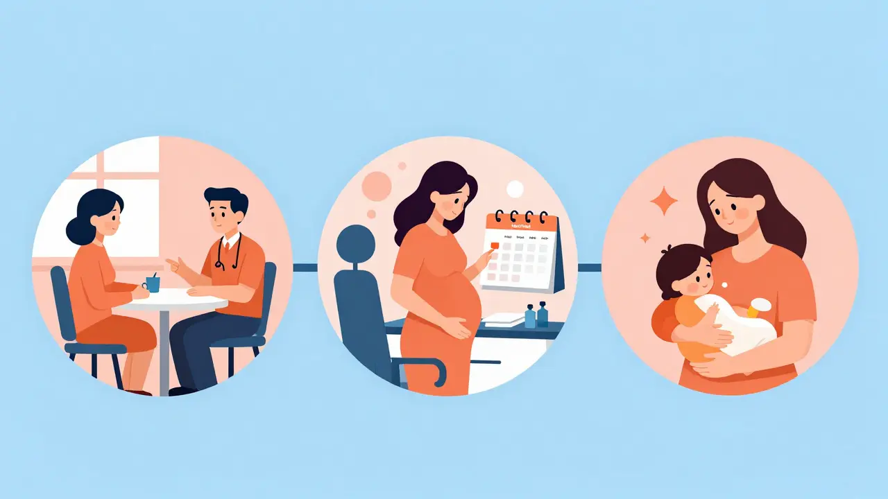 A three-part conceptual timeline showing medication planning from preconception to breastfeeding.