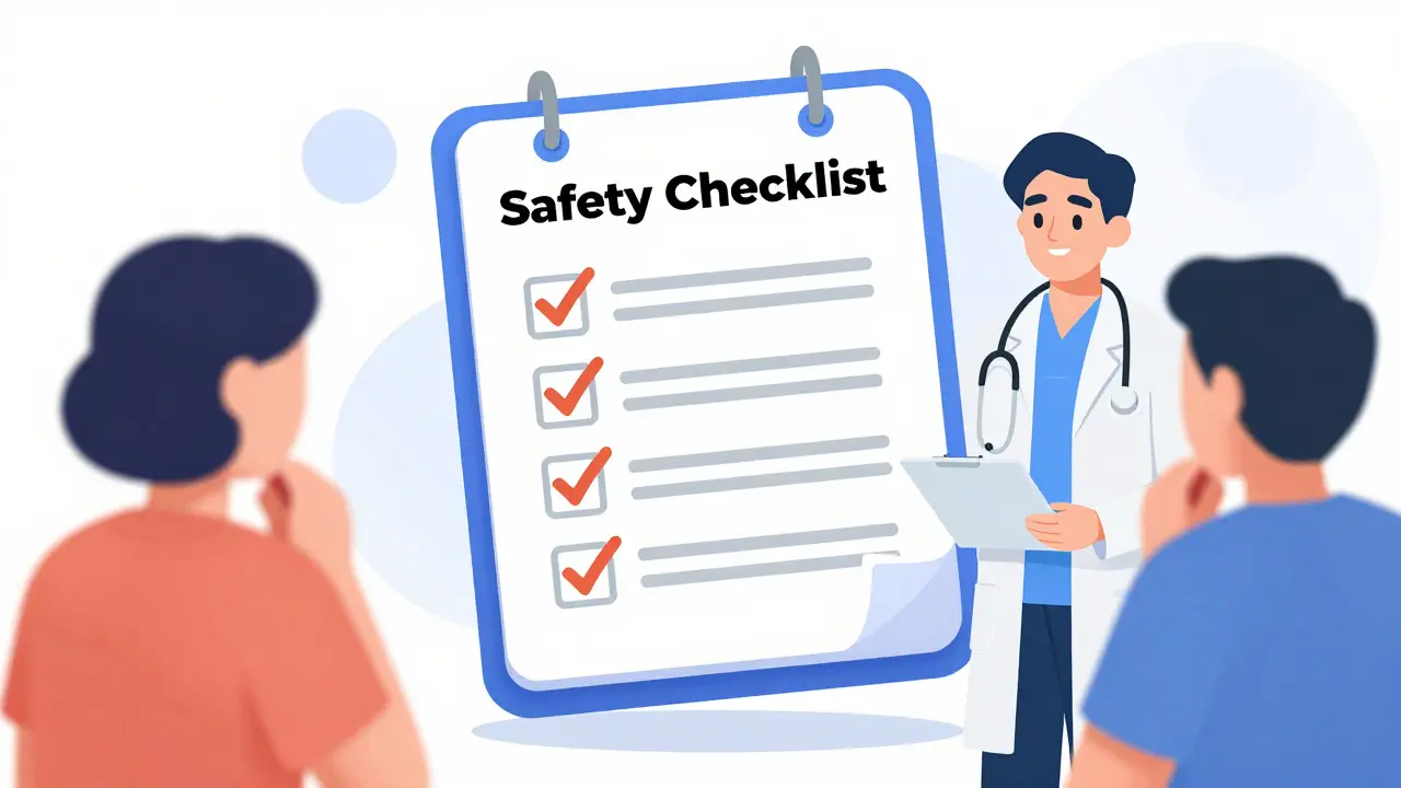 An illustration of a medication safety checklist with a doctor and patient agreeing on a plan.