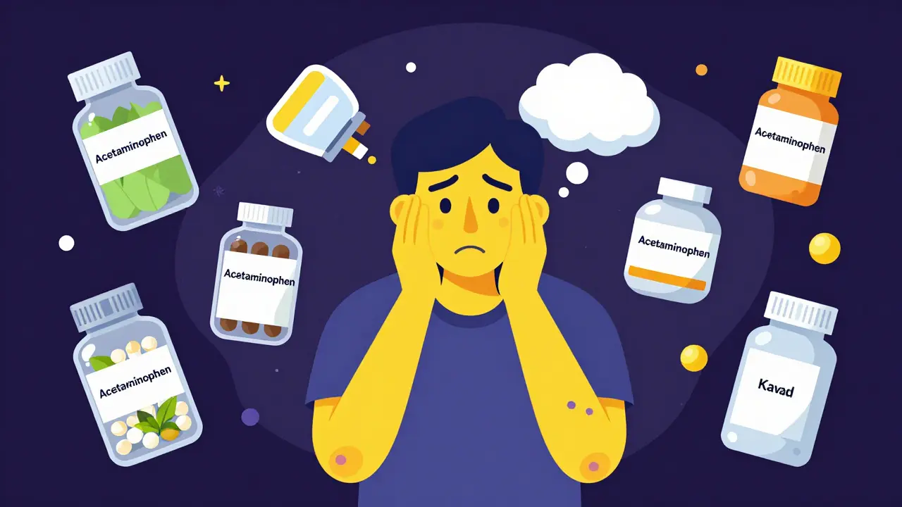 Cartoon illustration of a patient surrounded by medicine bottles and symbols of liver failure symptoms.