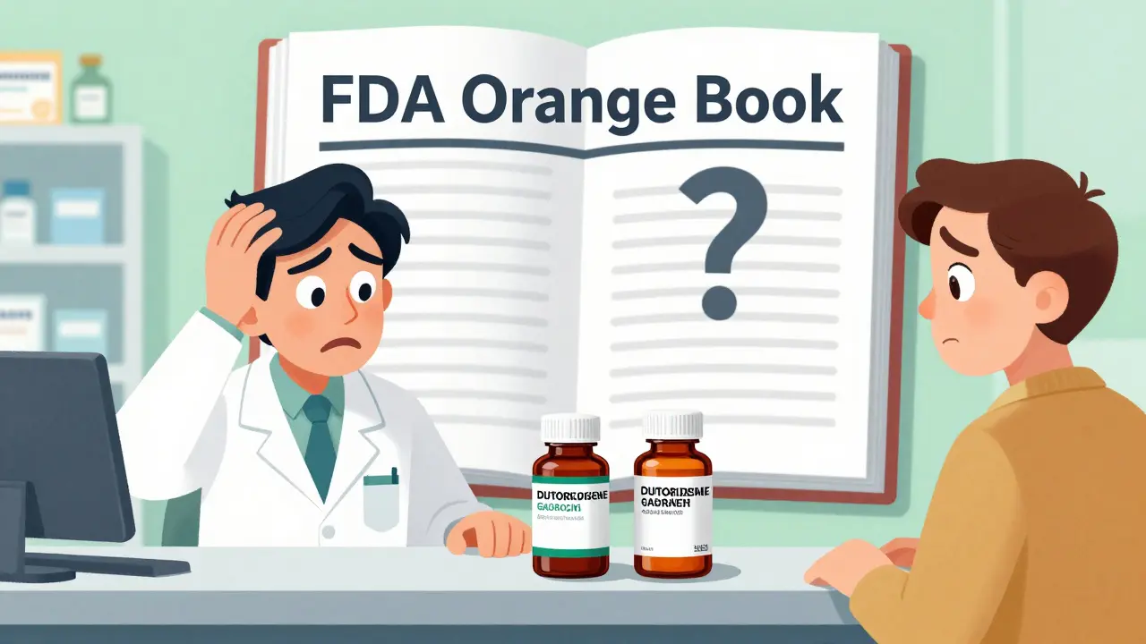 Cartoon of a pharmacist confused by two identical-looking drug bottles not listed in the Orange Book.