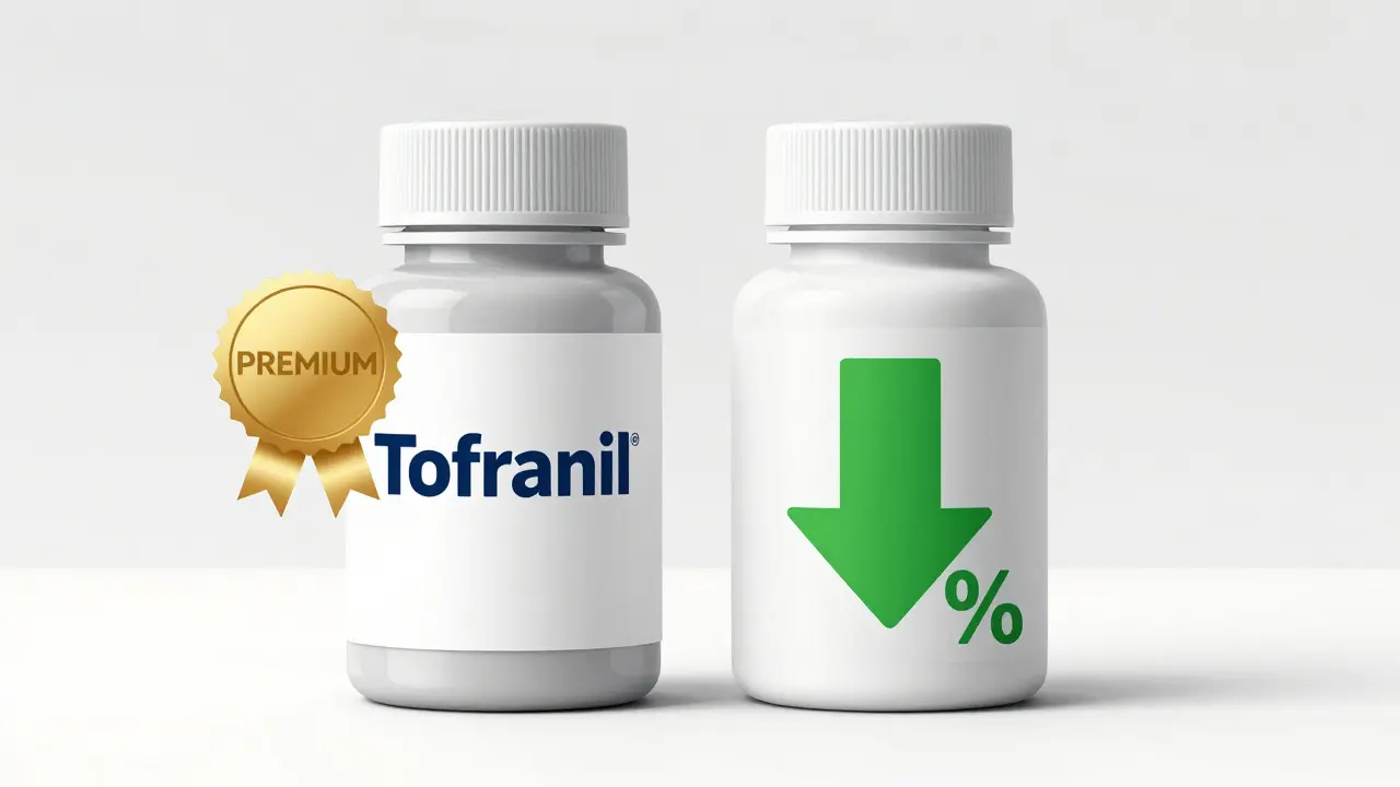 Comparison between brand-name and generic medication bottles showing cost savings.