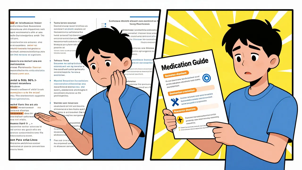 Comparison between complex medical jargon and a simple, clear medication guide.