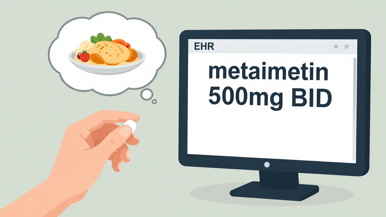 Comparison illustration of a patient's view of a pill versus a clinical EHR record.