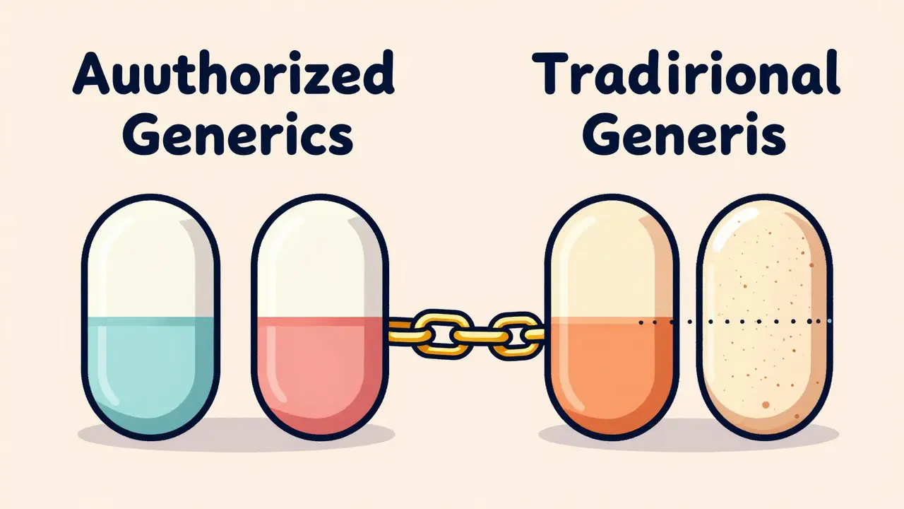 Comparison illustration showing the identical nature of brand-name and authorized generic pills.