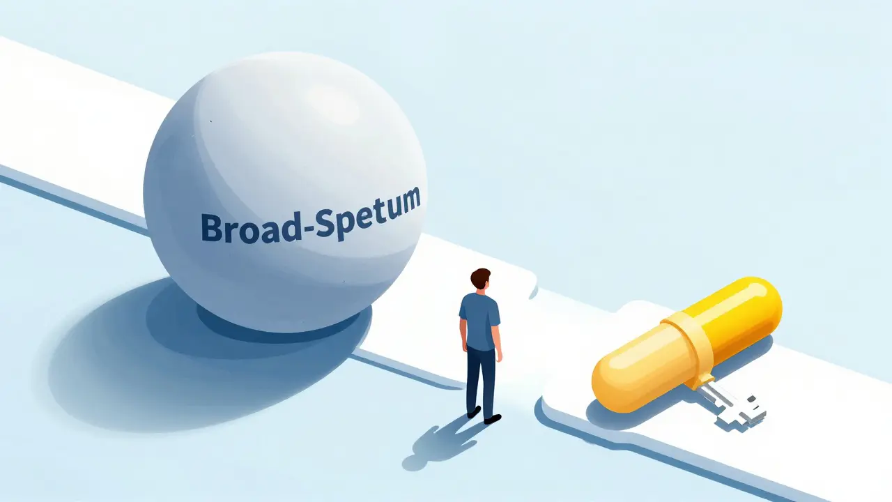 Conceptual illustration of a patient choosing between a heavy broad-spectrum antibiotic and a precise penicillin pill.