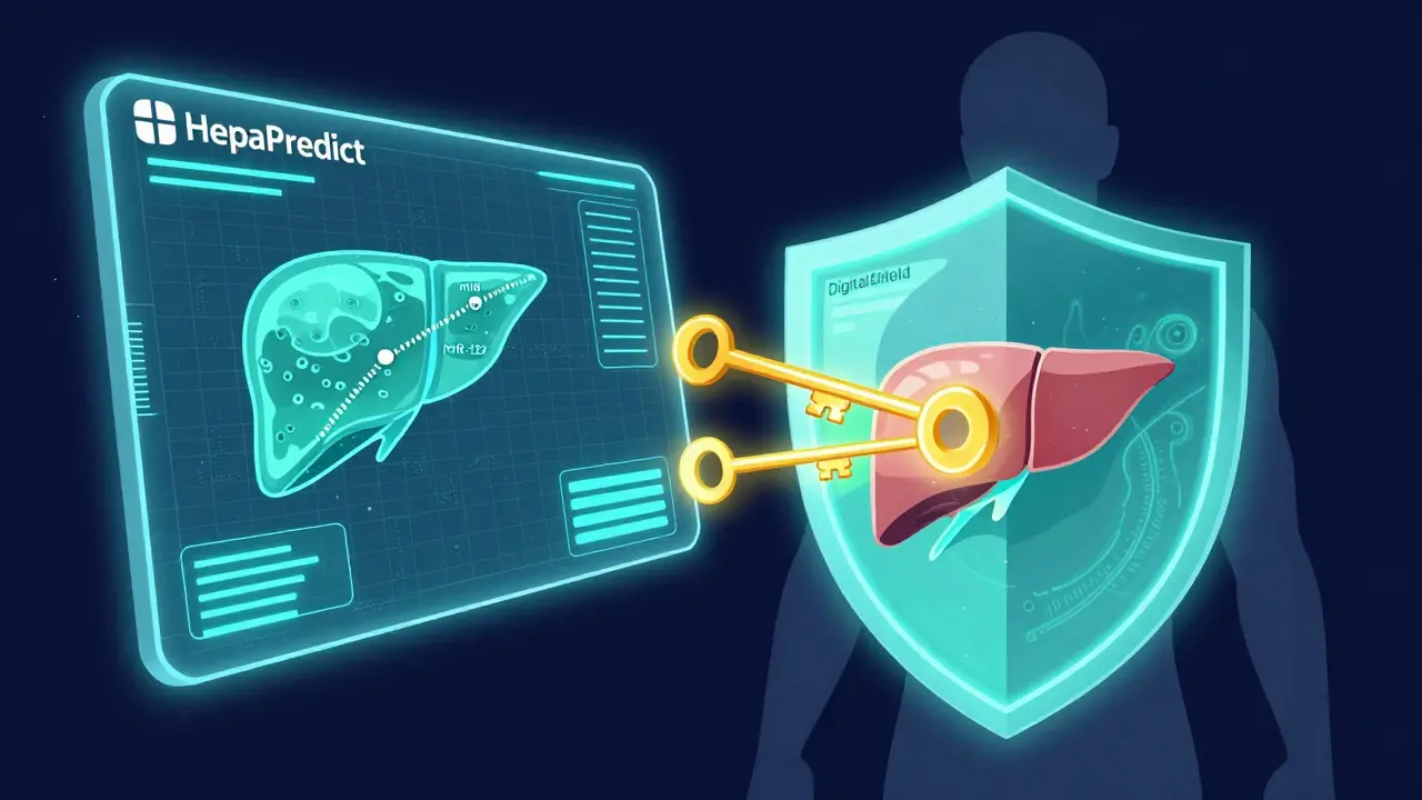 Editorial illustration showing an AI interface analyzing a liver with glowing microRNA biomarkers.