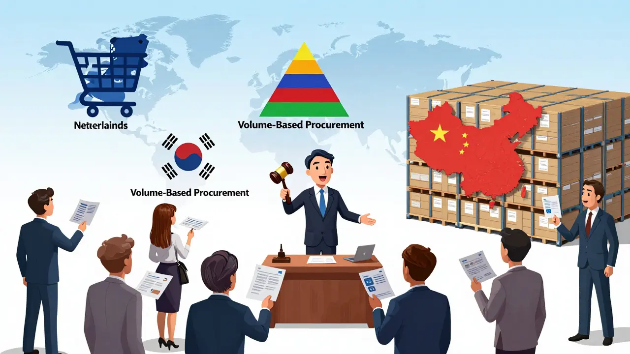 Global government officials conducting a drug procurement auction with various international pricing icons.