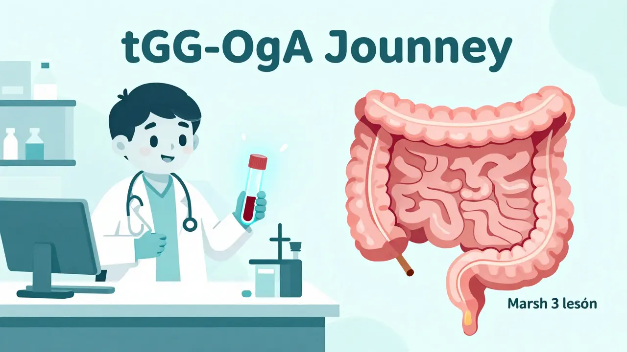 Illustration of a blood test tube and the contrast between healthy and damaged intestinal linings.
