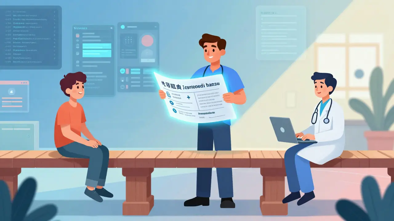 Illustration of a health information professional bridging the gap between medical jargon and patient understanding.