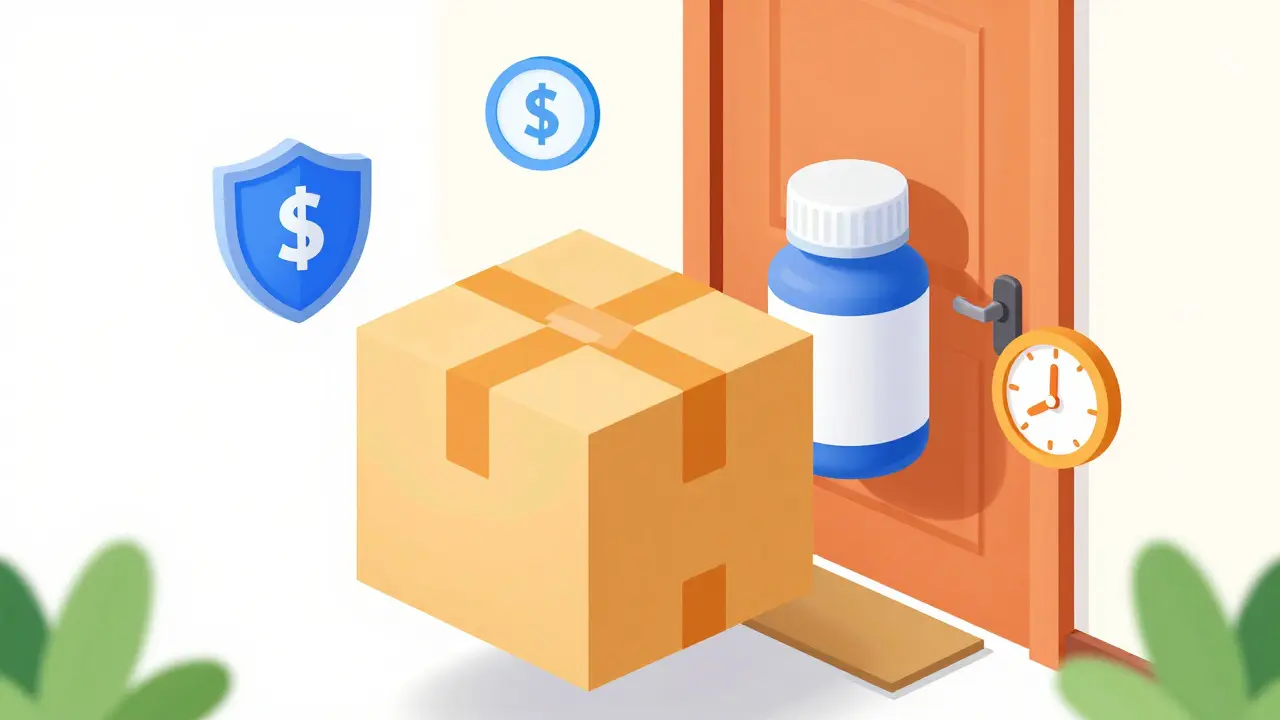 Medication package delivered to a home doorway with icons of security and savings.