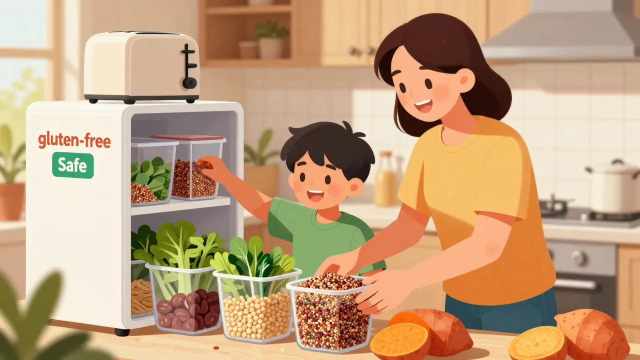 Parent and teenager organizing a pantry with naturally gluten-free whole foods.
