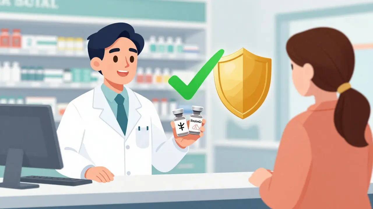 Pharmacist explaining the use of an interchangeable biosimilar medication to a patient