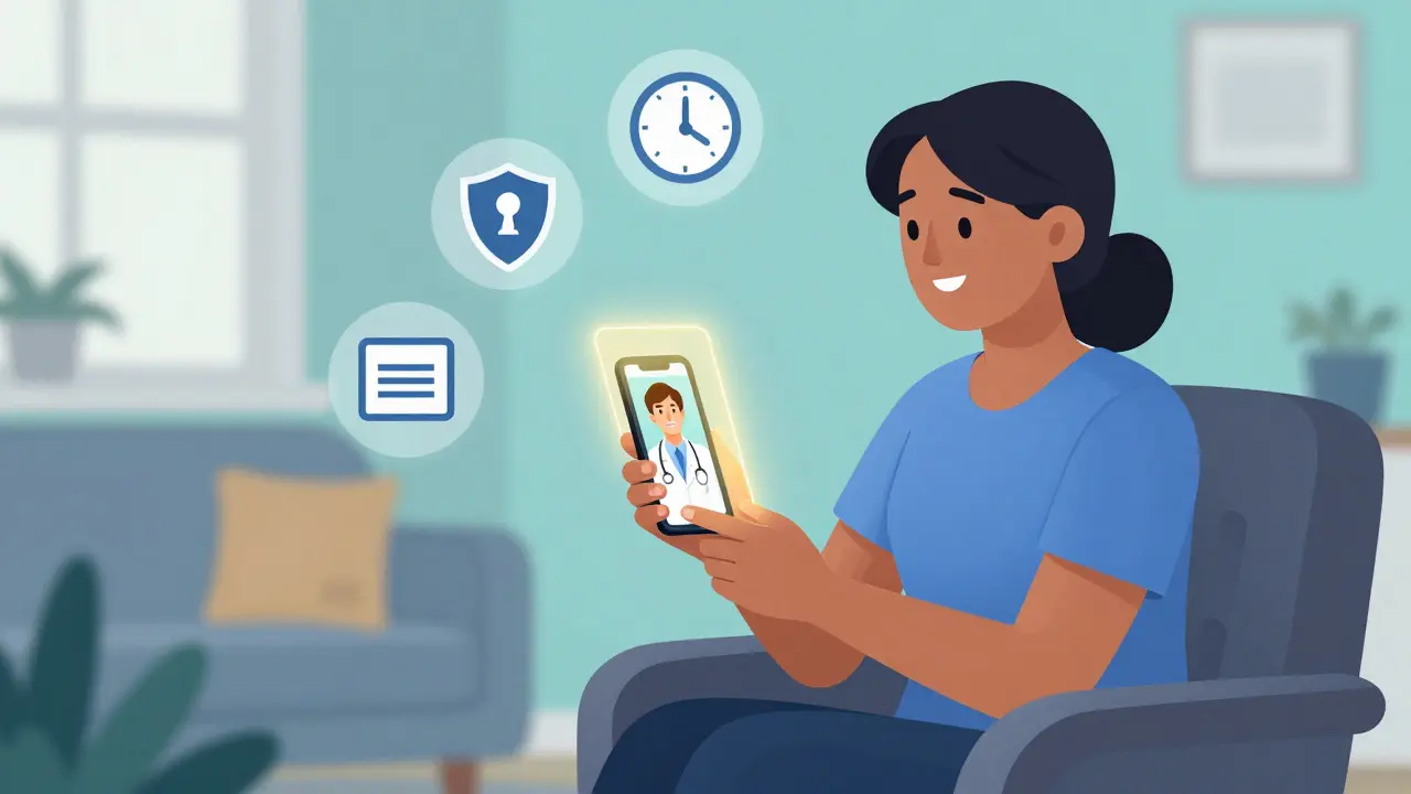 Cartoon of a patient using telehealth on a phone to get a prescription safely.