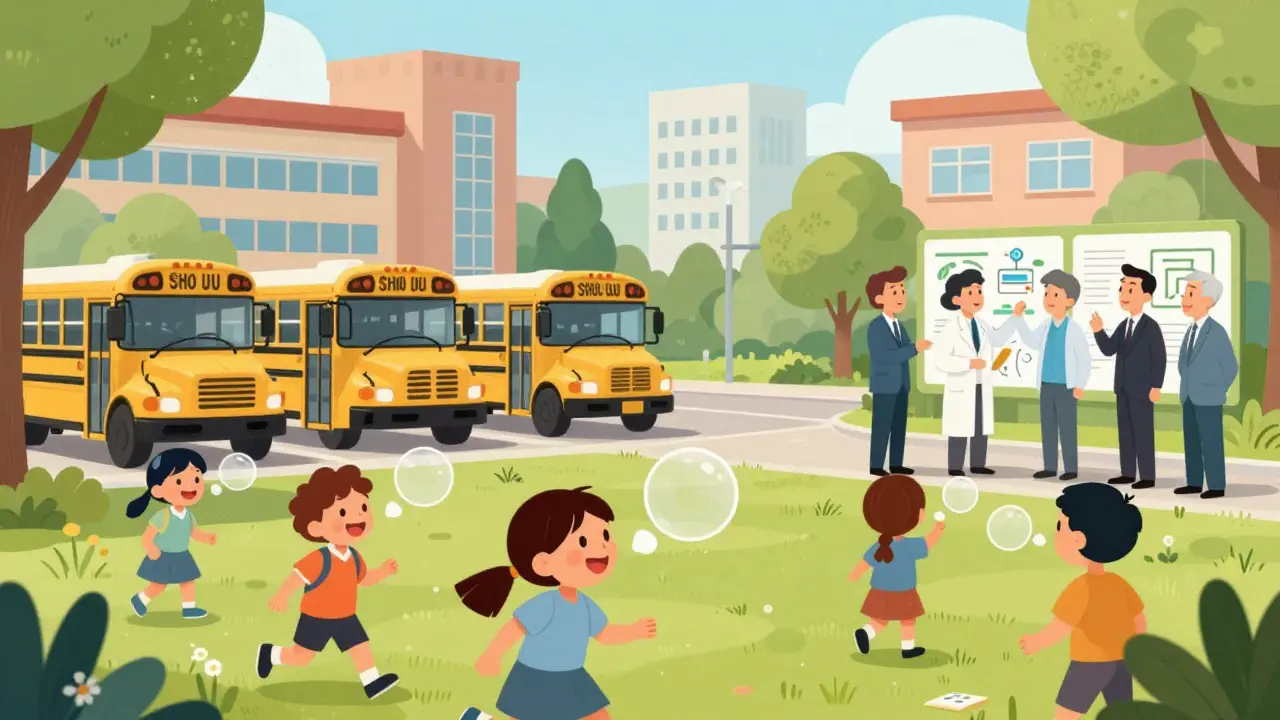 Cartoon showing children playing safely near electric buses and green spaces in a clean urban area.