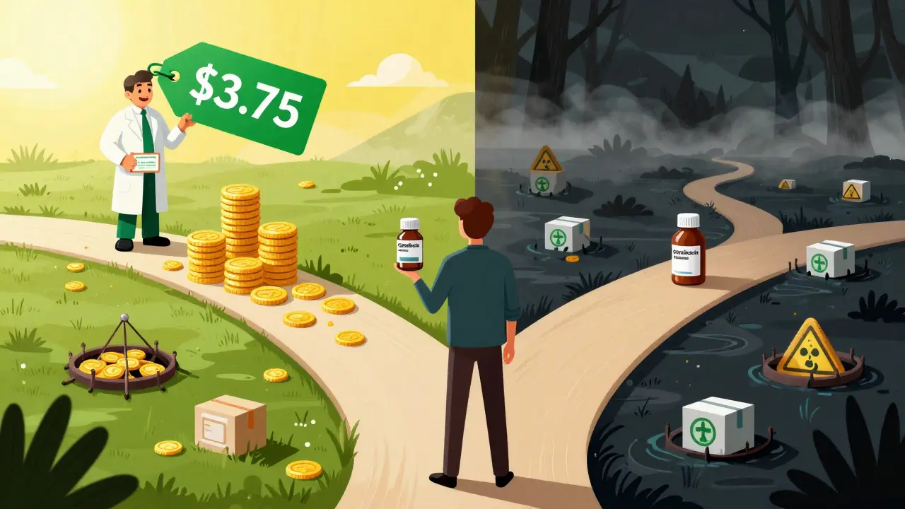 Conceptual art showing the choice between cheap legal meds and dangerous illegal sources.