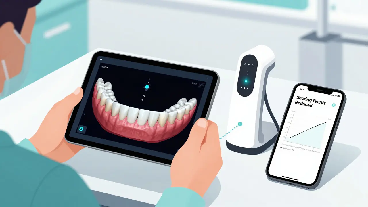 Dentist reviewing digital jaw scans next to a smart mandibular advancement device and tracking app interface.
