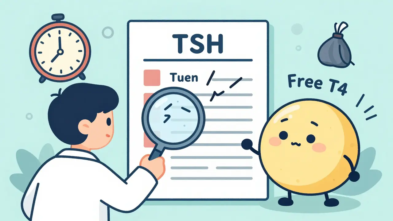Doctor examining TSH and Free T4 hormone characters with symptom icons