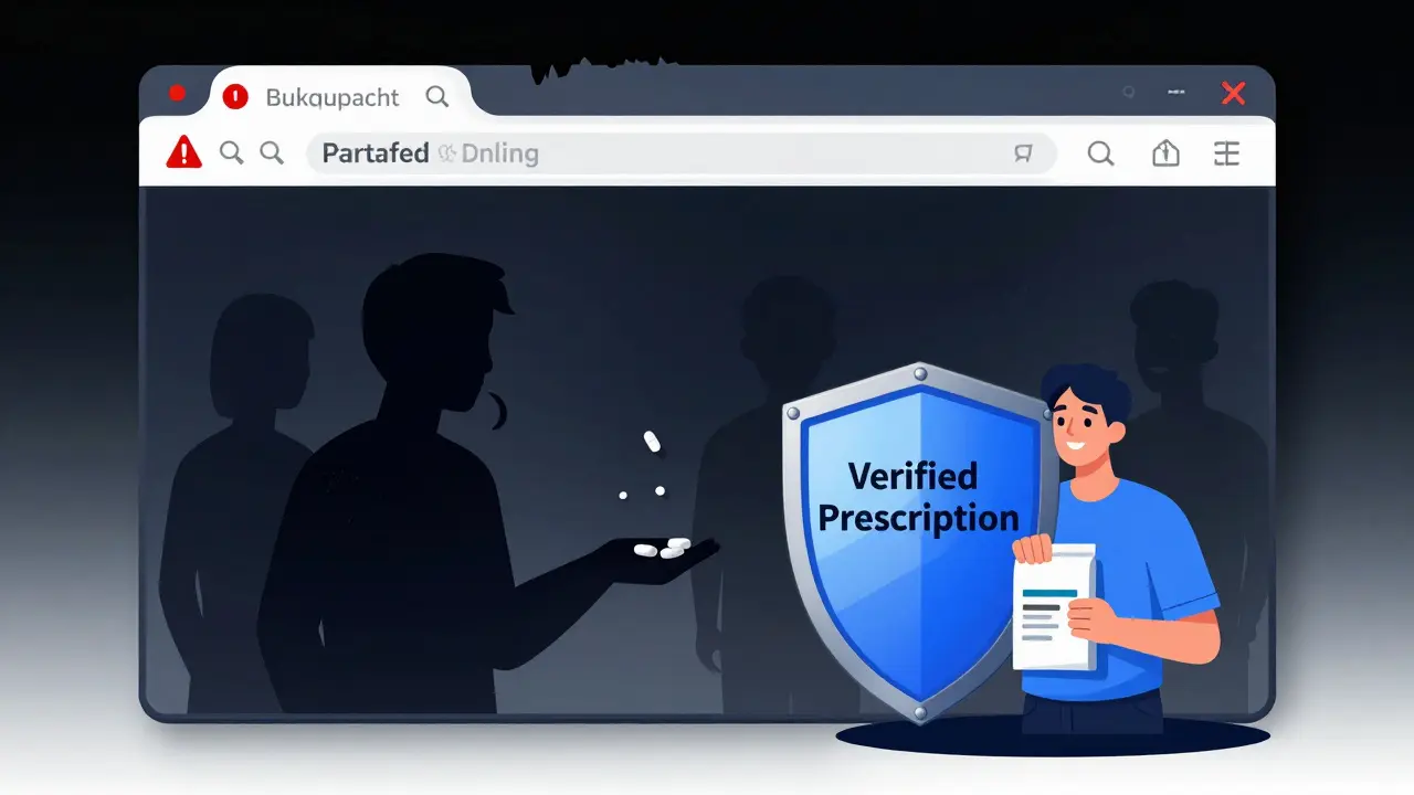 Editorial art showing dangers of fake online drugs vs safe verified pharmacy options.