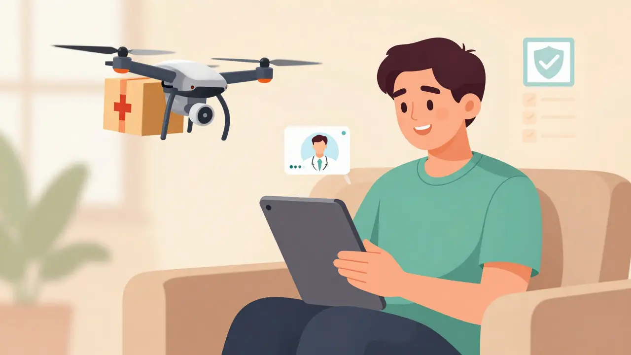 Happy person receiving medication delivery at home after safe online telehealth consult