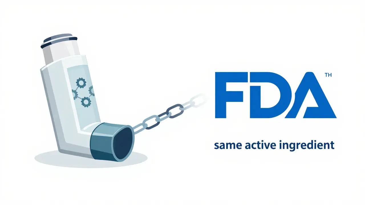 Illustration comparing generic and brand name inhalers showing identical effectiveness