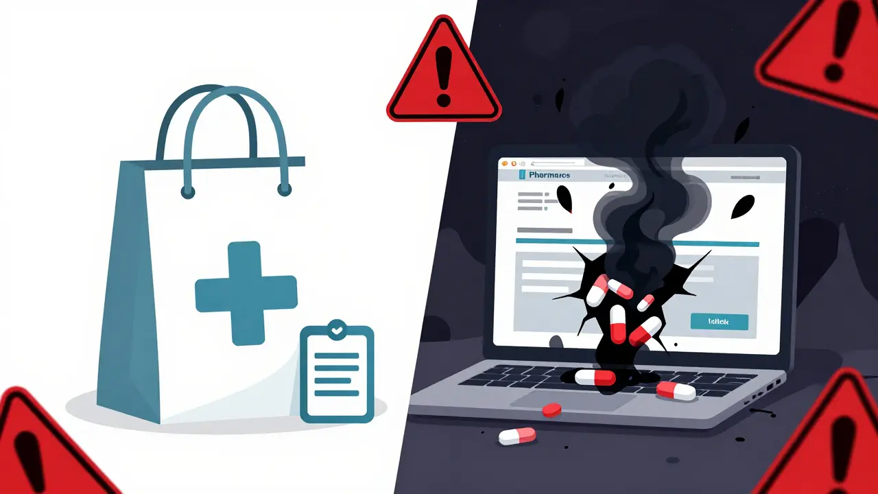 Illustration contrasting safe pharmacy vs fake drugs