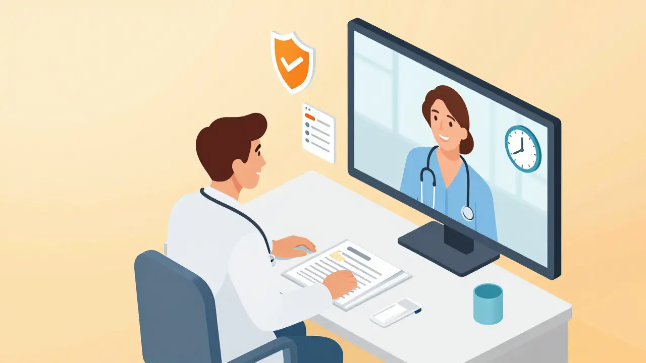 Illustration of a doctor conducting a safe telemedicine video consultation with a patient.