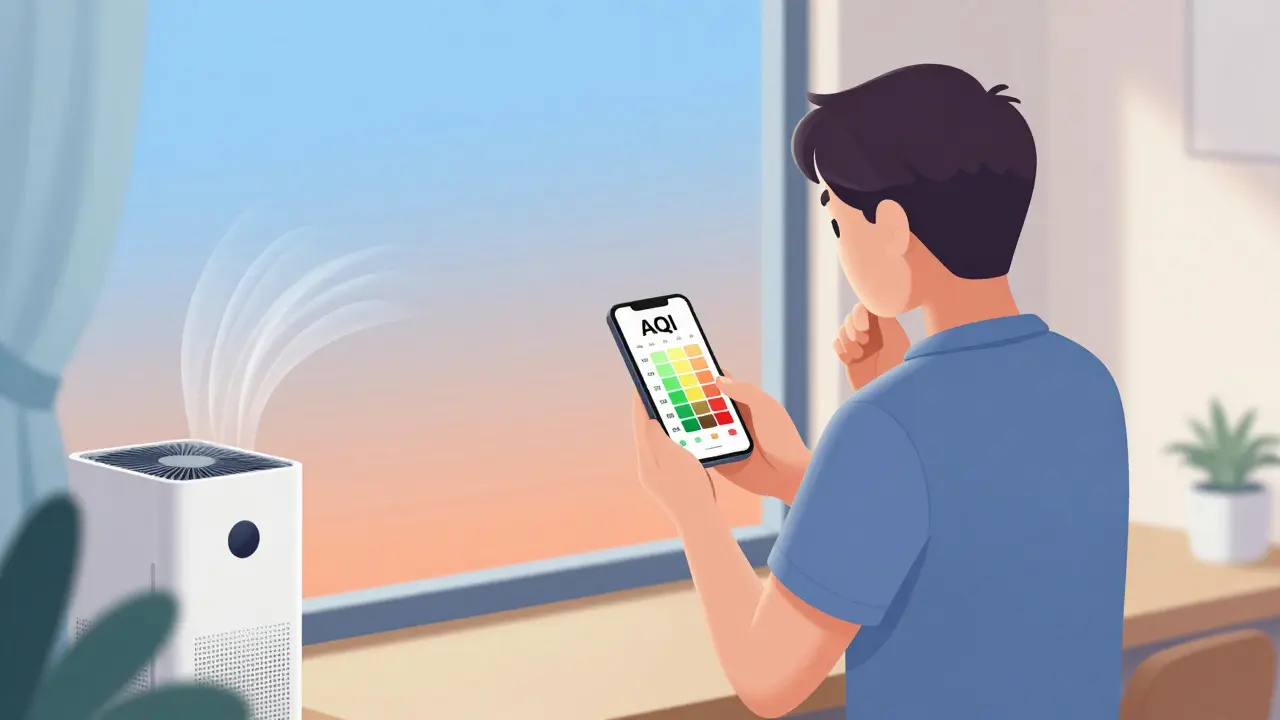 Illustration of a person checking AQI on a phone next to a running HEPA air purifier indoors.