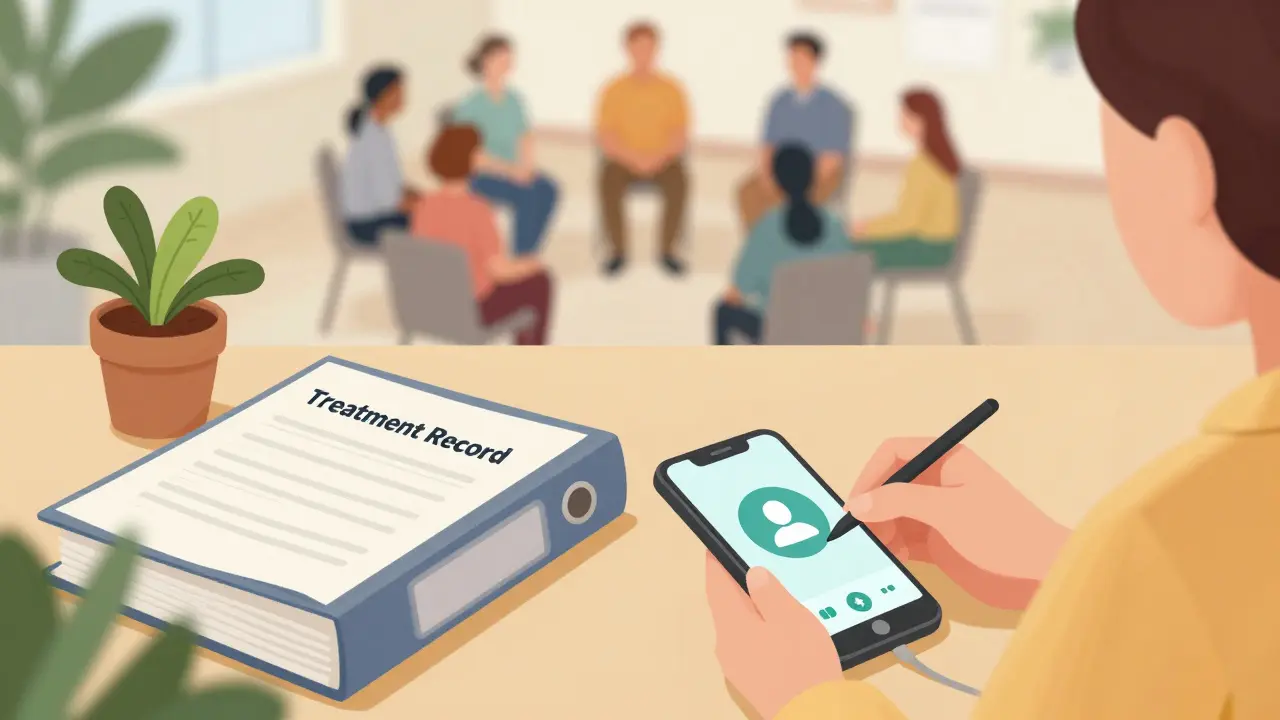 Illustration of an organized desk with treatment records and a supportive environment.
