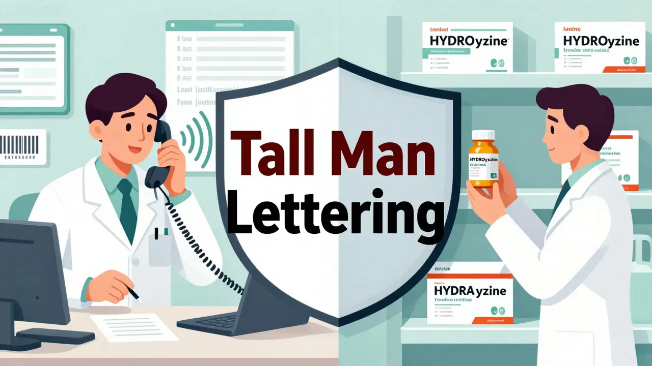 Illustration of Tall Man Lettering preventing drug mix-ups in a hospital pharmacy setting.