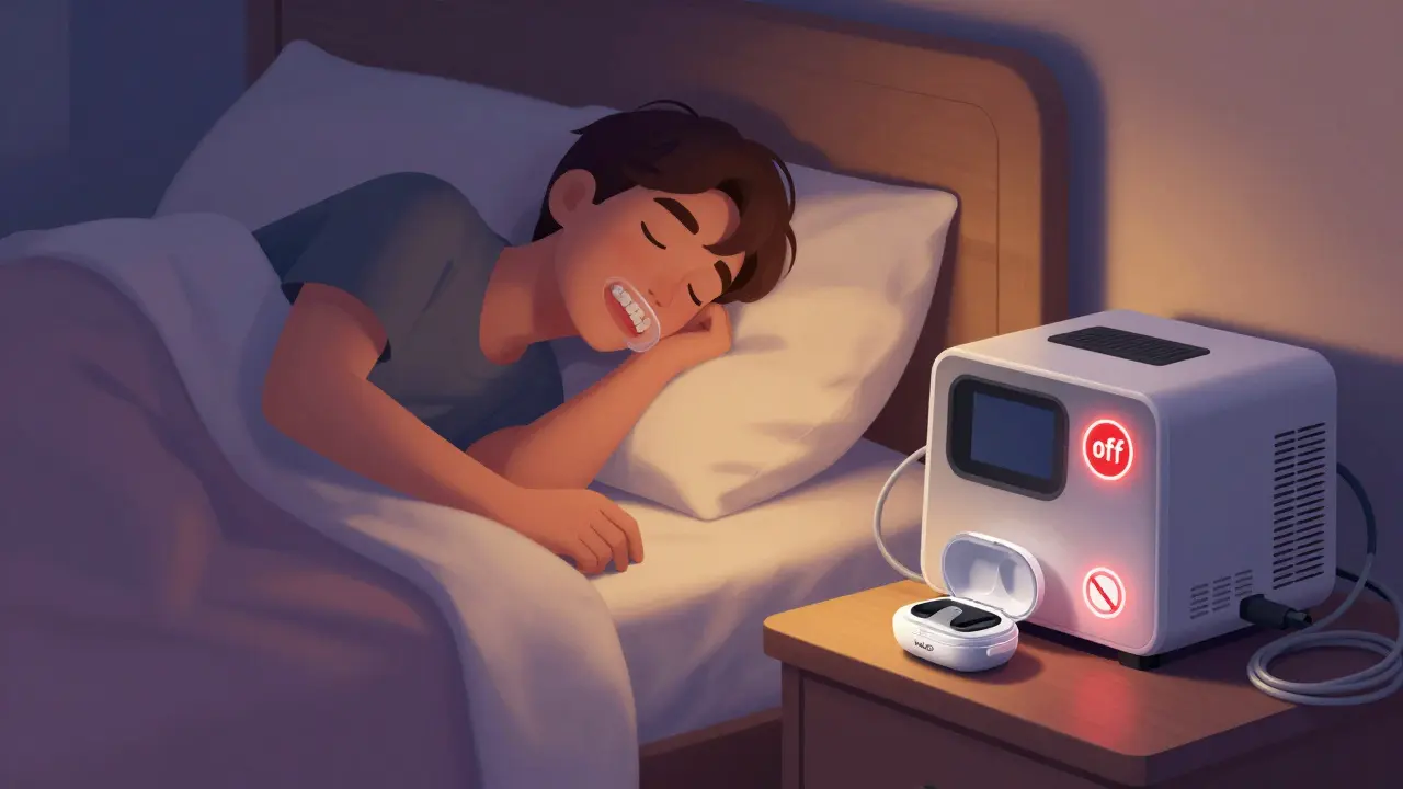 Peaceful couple sleeping with a discreet dental appliance, contrasting with a bulky unused CPAP machine nearby.