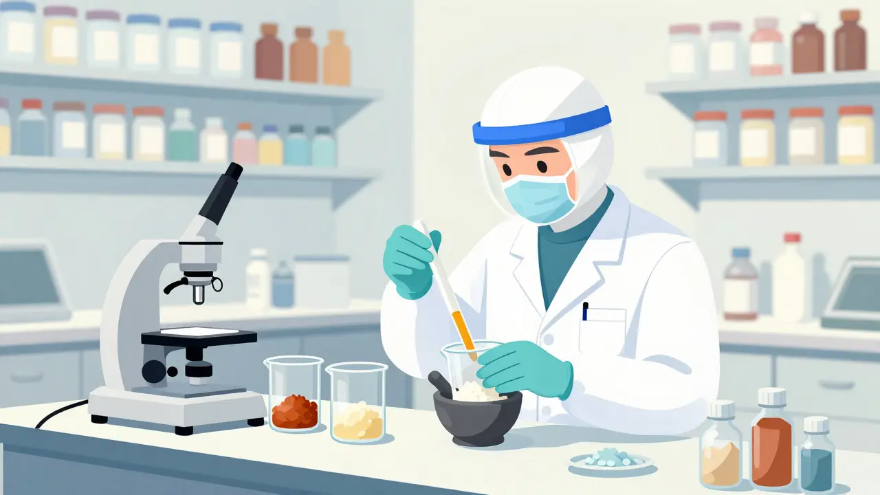 Pharmacist carefully mixing custom ingredients in a compounding lab
