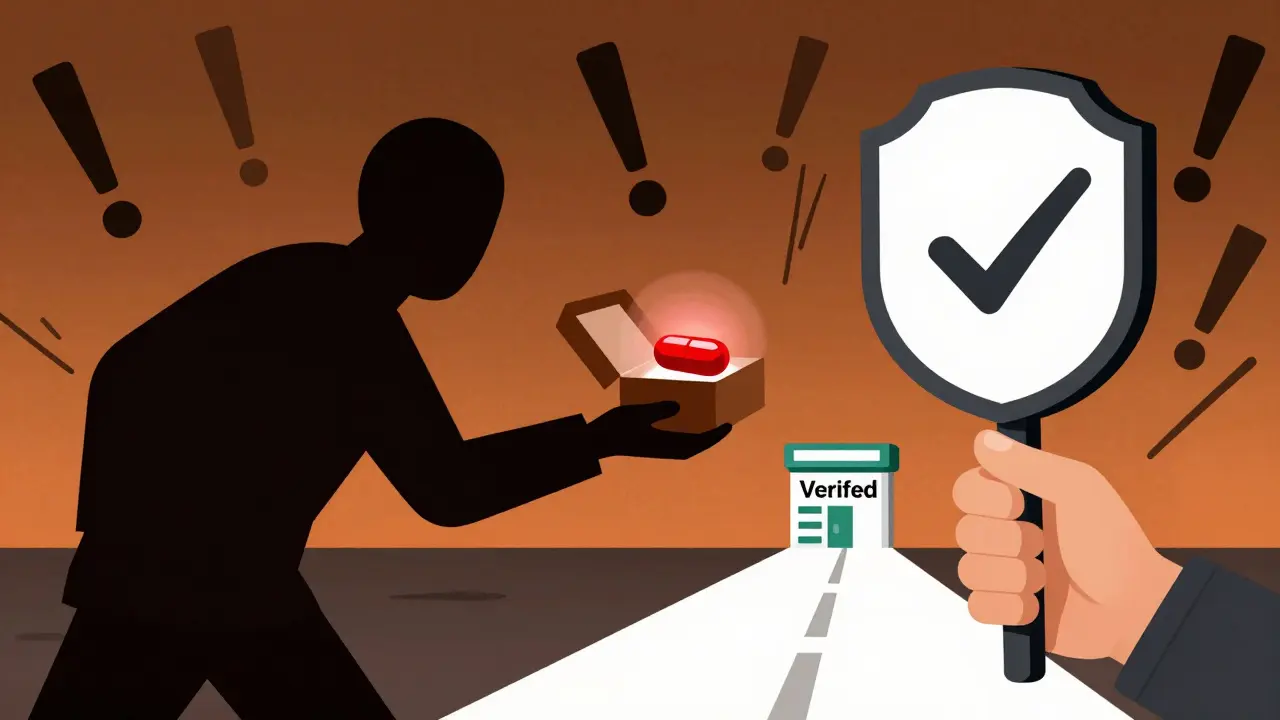 Warning illustration showing dangers of buying unverified meds online.