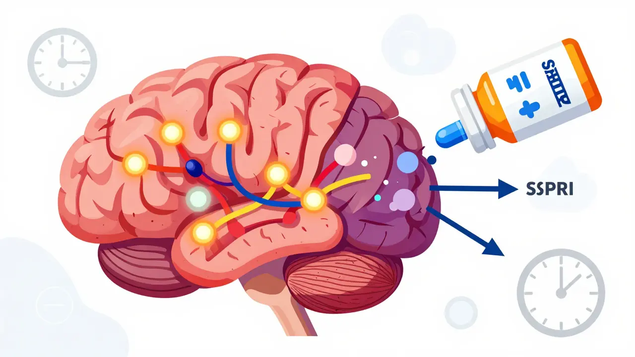 Brain cross-section showing neurotransmitter imbalance after removing antidepressants, with visual cues for receptor downregulation.