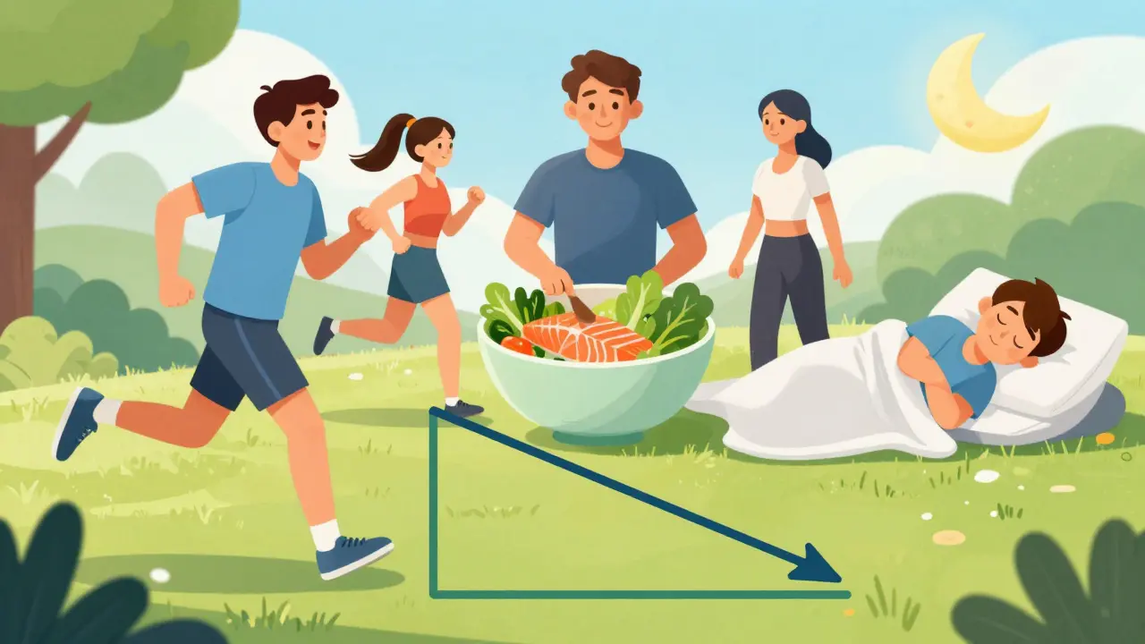 Cartoon of people exercising, eating healthy, and sleeping to reverse insulin resistance.