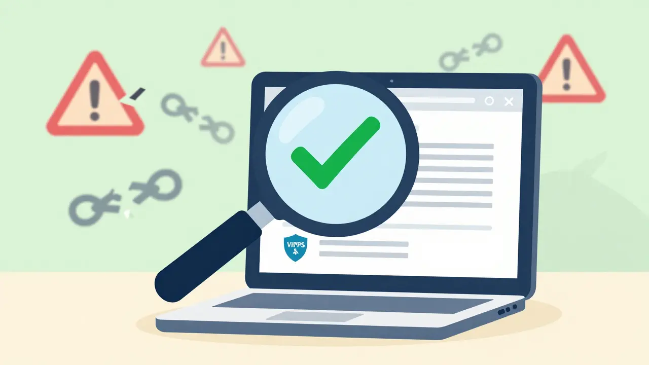 Cartoon showing magnifying glass verifying safe online pharmacy seals