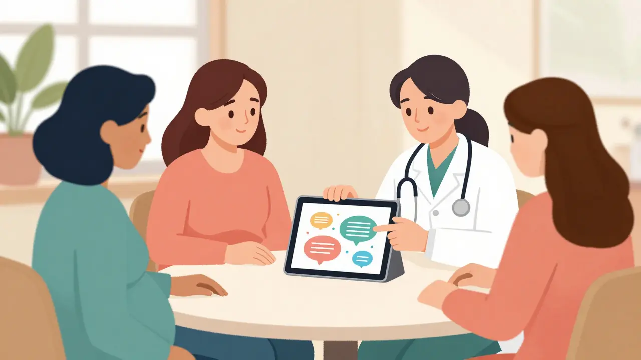 Doctor discussing pregnancy medication safety with patients in a bright office
