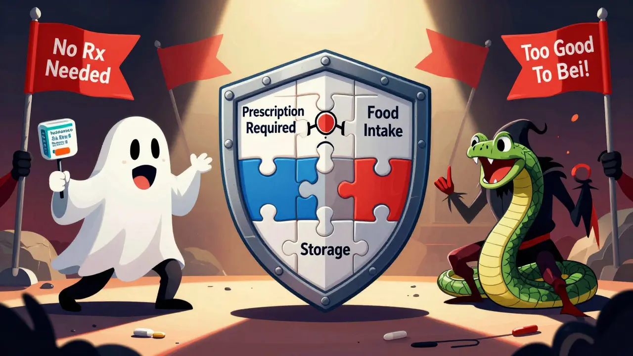Editorial cartoon depicting safety shields against medication scams