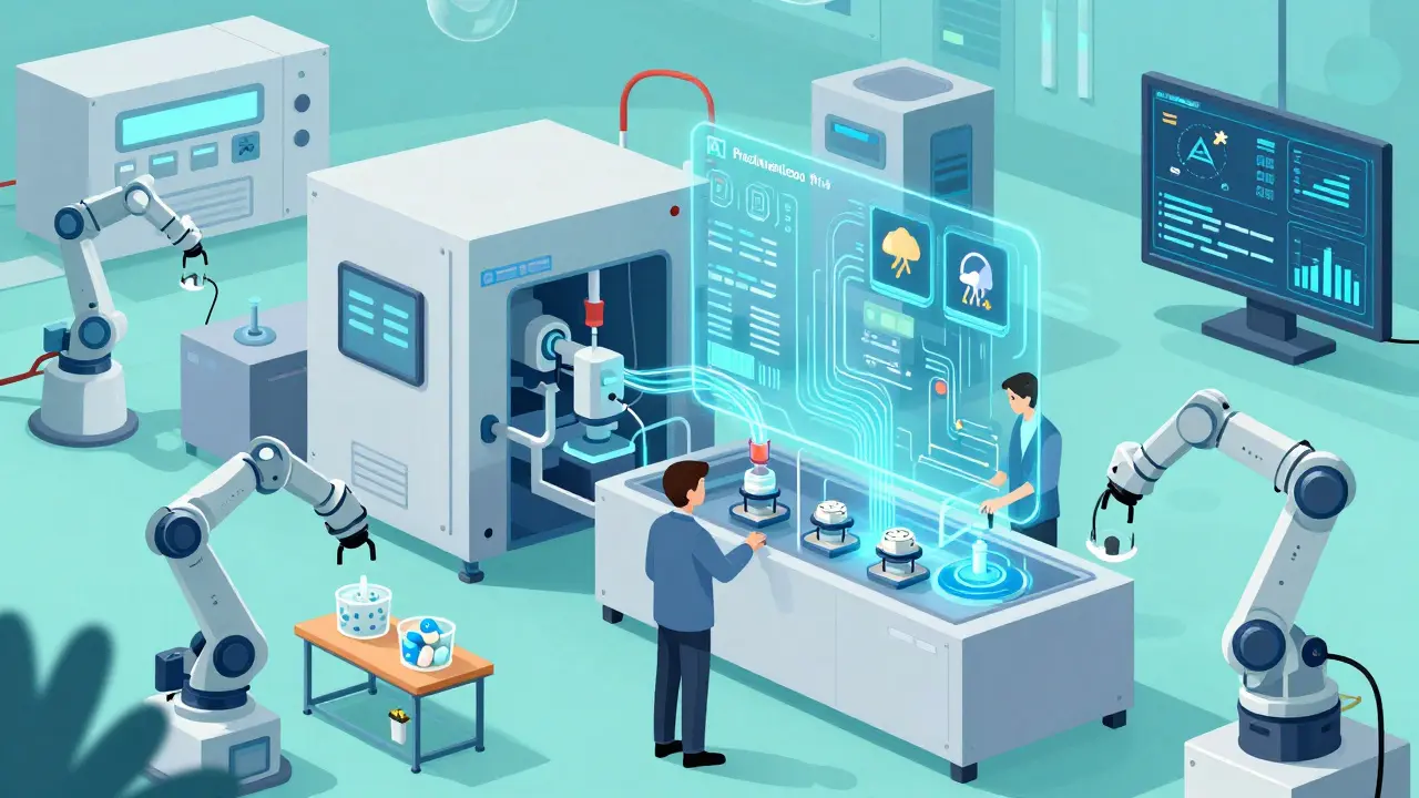 Futuristic cartoon of AI-driven modular pharmaceutical manufacturing facility