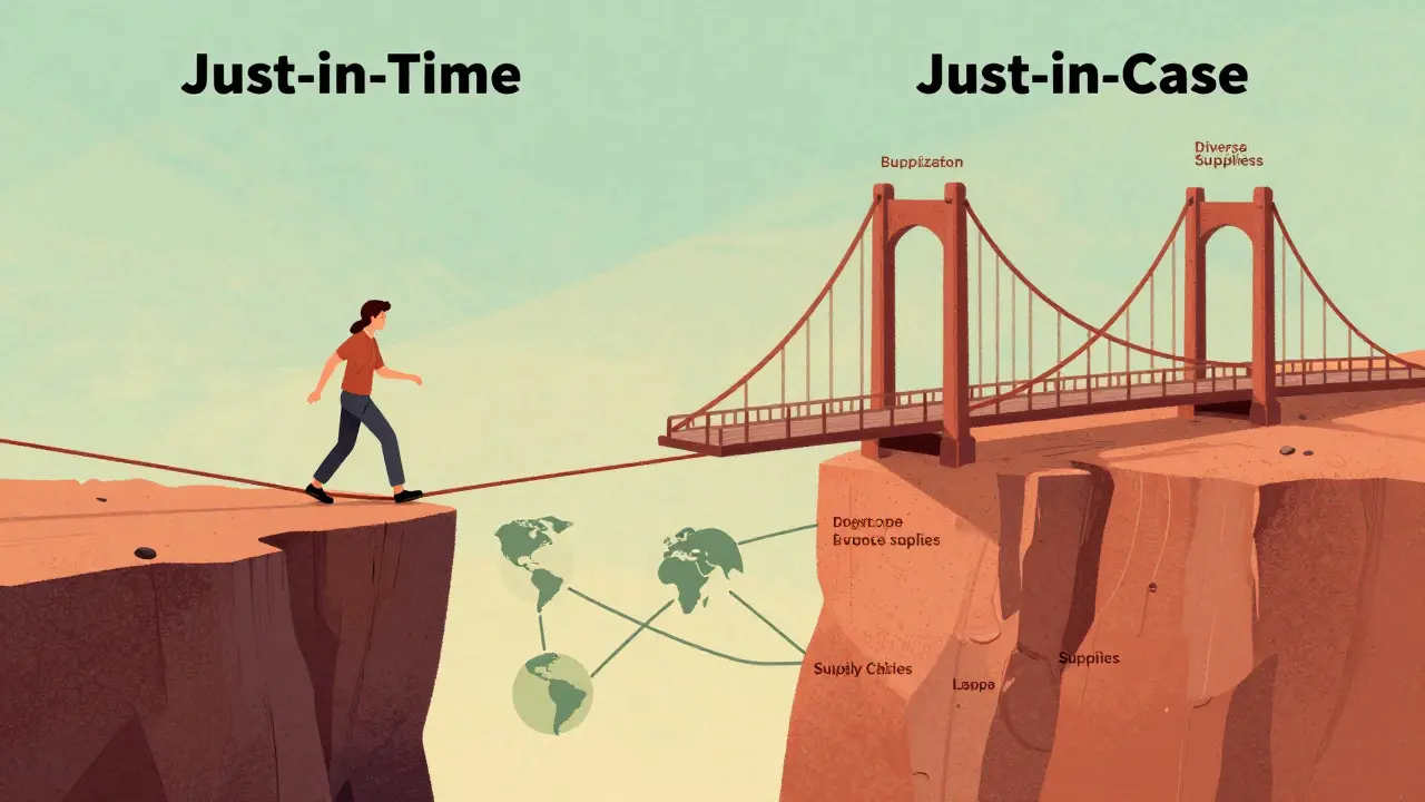 Illustration comparing fragile just-in-time vs resilient just-in-case supply chains