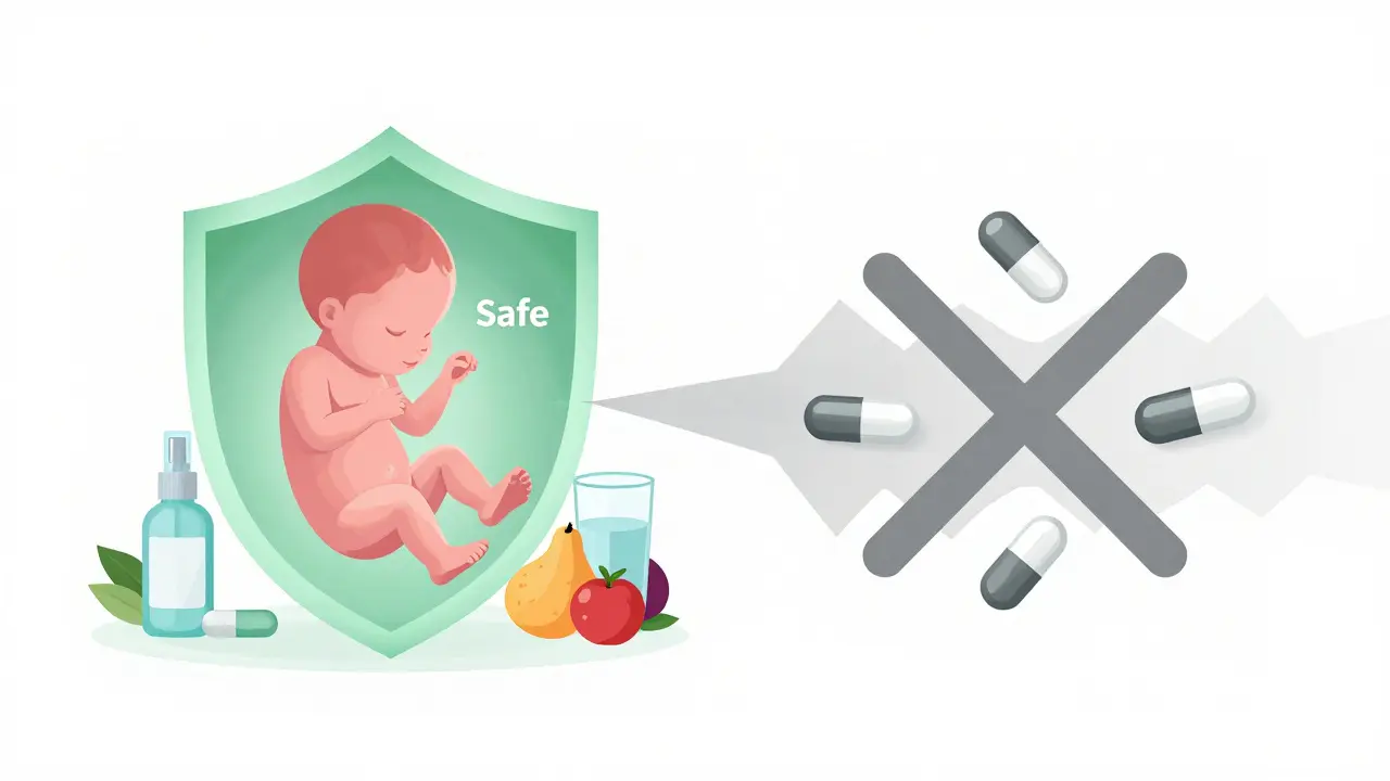 Illustration contrasting safe natural remedies with avoided medications for fetal health