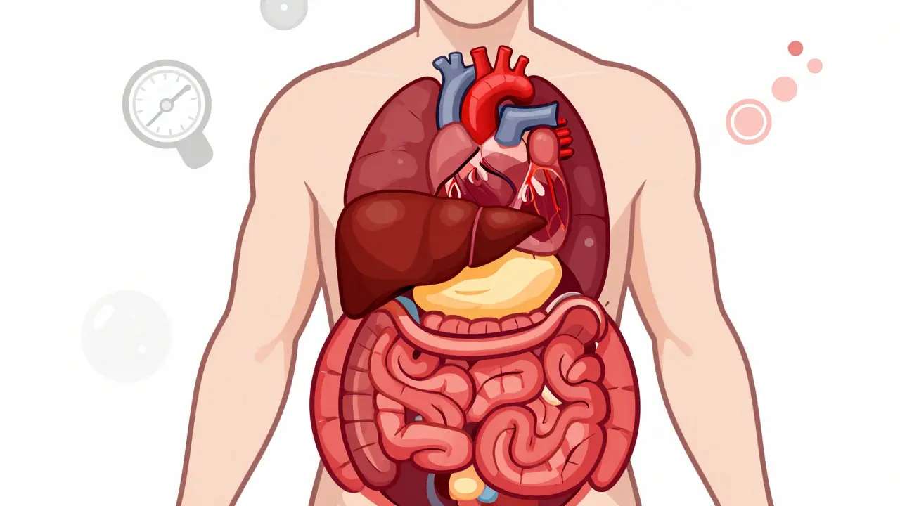 Illustration showing visceral fat surrounding organs, representing metabolic syndrome risks.