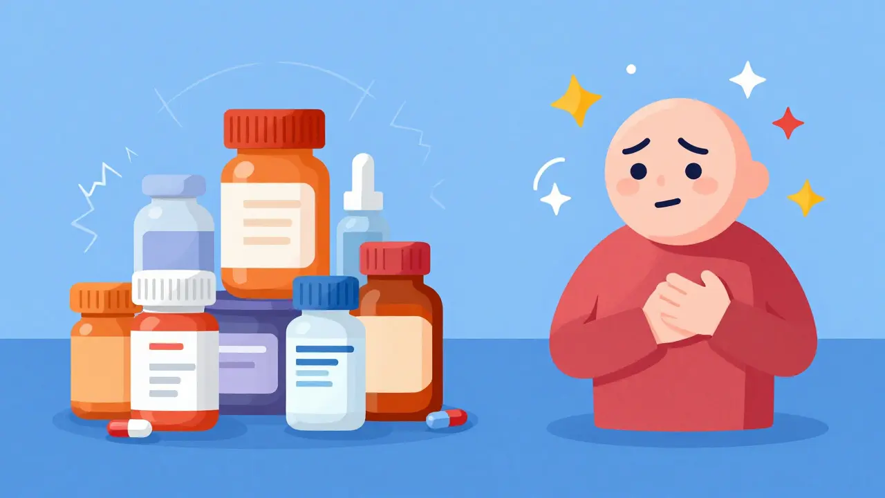 Medication bottles causing dizzy symptoms in a cartoon character