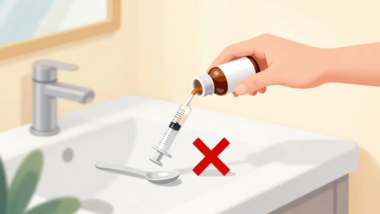 Parent using a dosing syringe instead of a kitchen spoon for medicine.