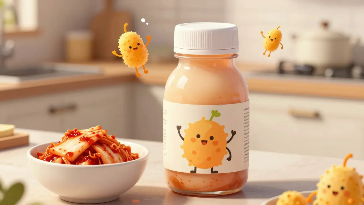 Probiotic bottle and fermented foods in cartoon style