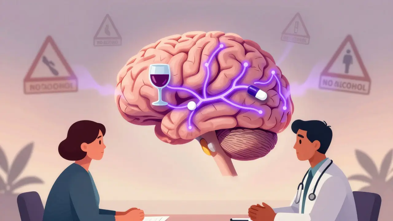 Brain illustration showing serotonin link between drug and alcohol, replacing old warnings