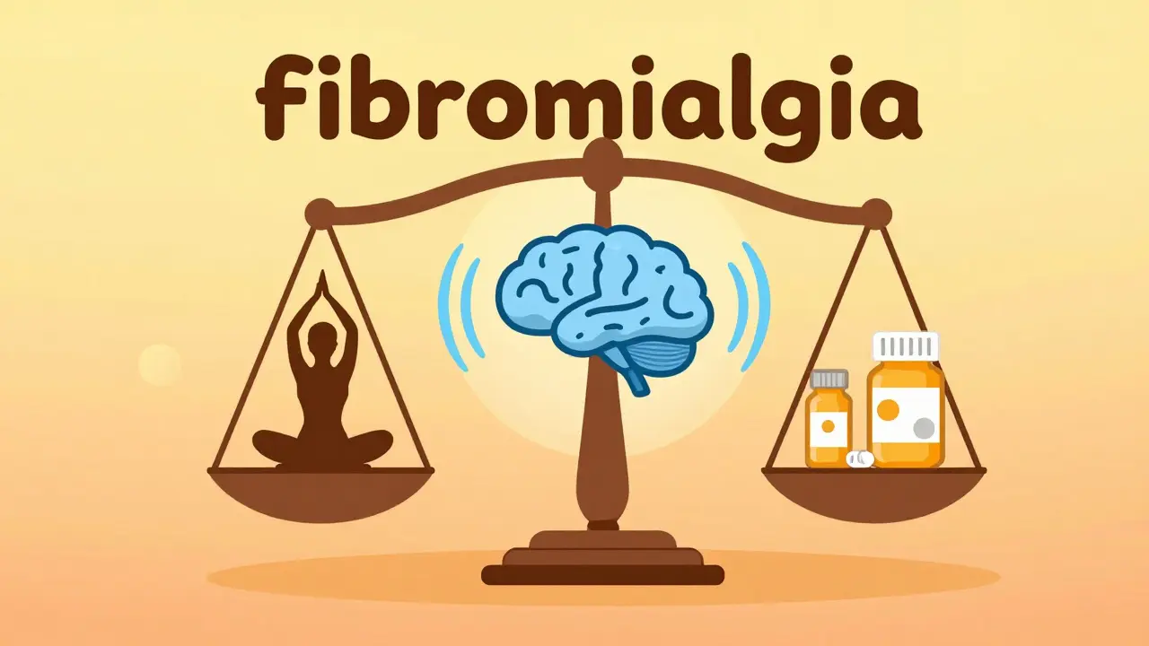 Cartoon balance scale showing exercise, pills, and therapy as tools for managing fibromyalgia.