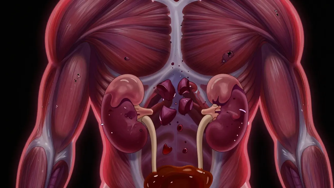 Cartoon depiction of muscle breakdown and dark urine, representing rhabdomyolysis.