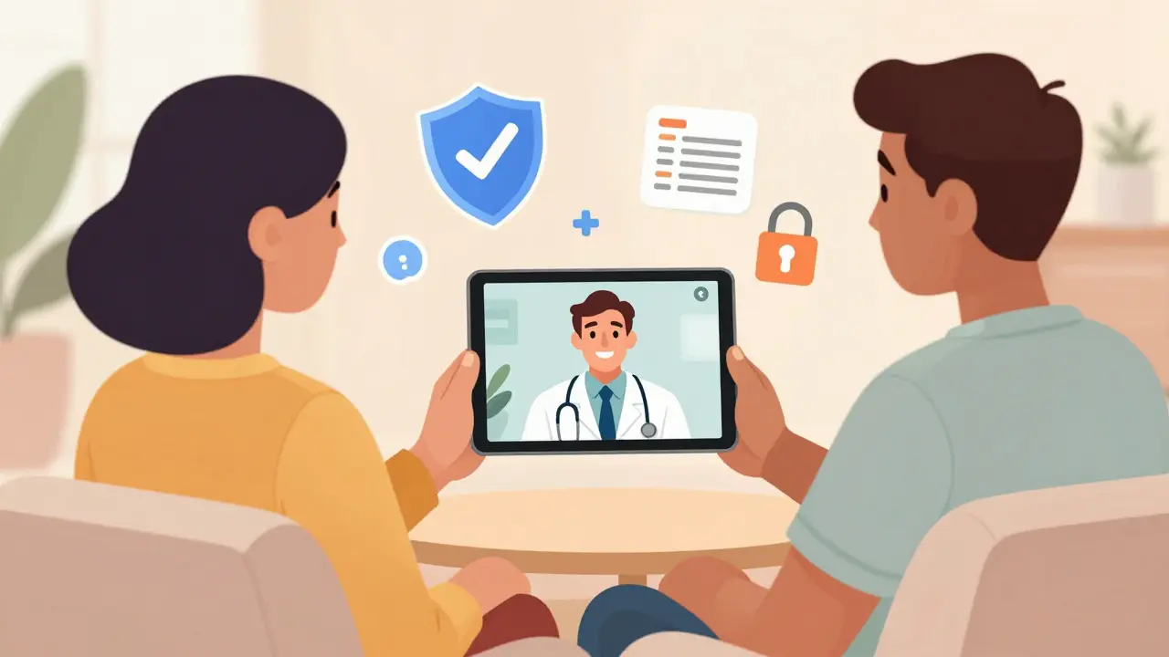 Cartoon of a patient having a secure telehealth video consultation with a doctor.